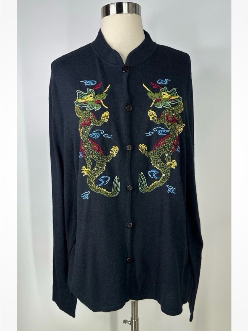 Citron Santa Monica cashmere Soybean Dragon Embroidered Button-Front Sweater